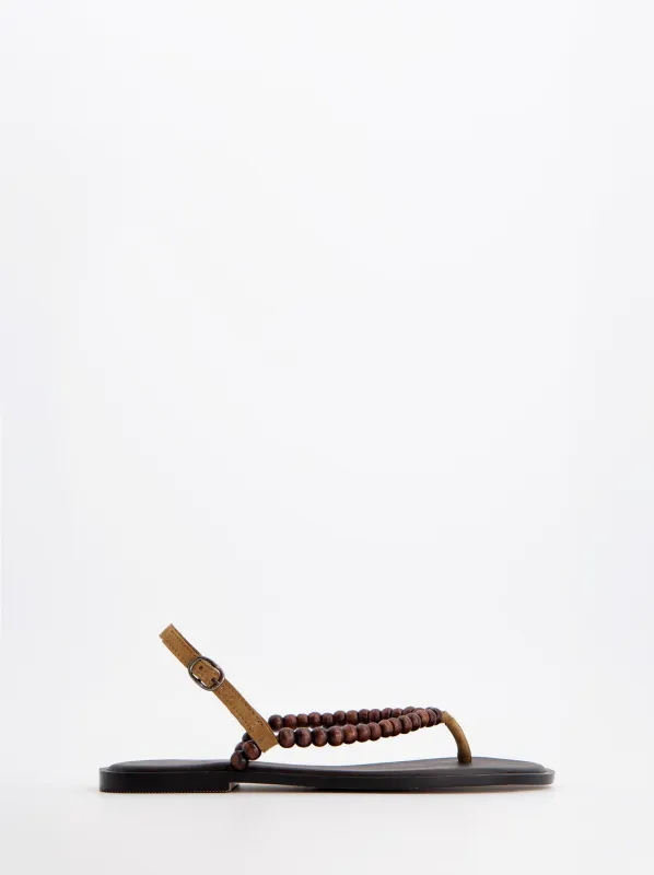 Flat Sandal with Wooden Beads - Ash made by Ulanka