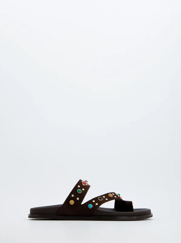 Brown Porronet Sandals with Multicolor Rhinestones made by Ulanka