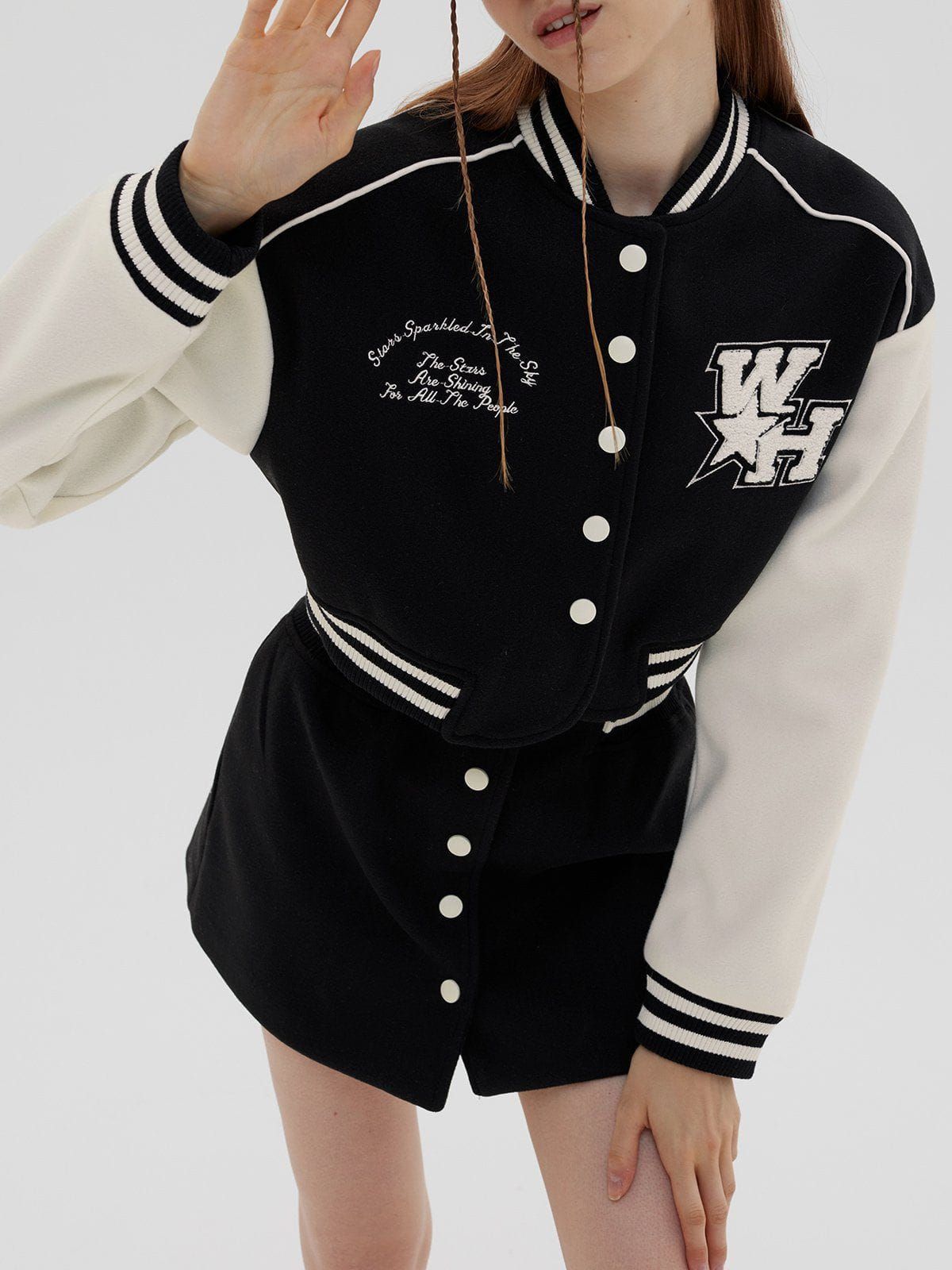 WH Embroidered Cropped Varsity Jacket sold by Yugen Theory product image thumbnail 4