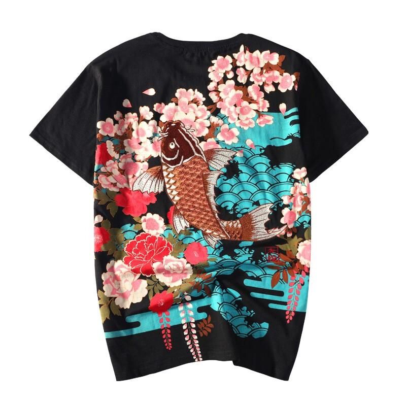 Brown Koi Embroidery Japanese T-Shirt sold by Yugen Theory