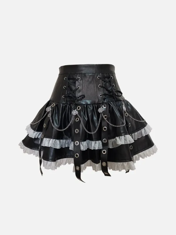 Dark Punk PU Strap Lace Skirt sold by Yugen Theory