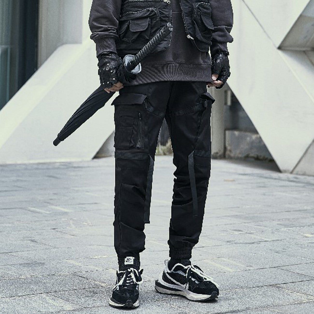 Techwear Ribbons Elastic Pleated Cargo Pants sold by Yugen Theory product image thumbnail 5