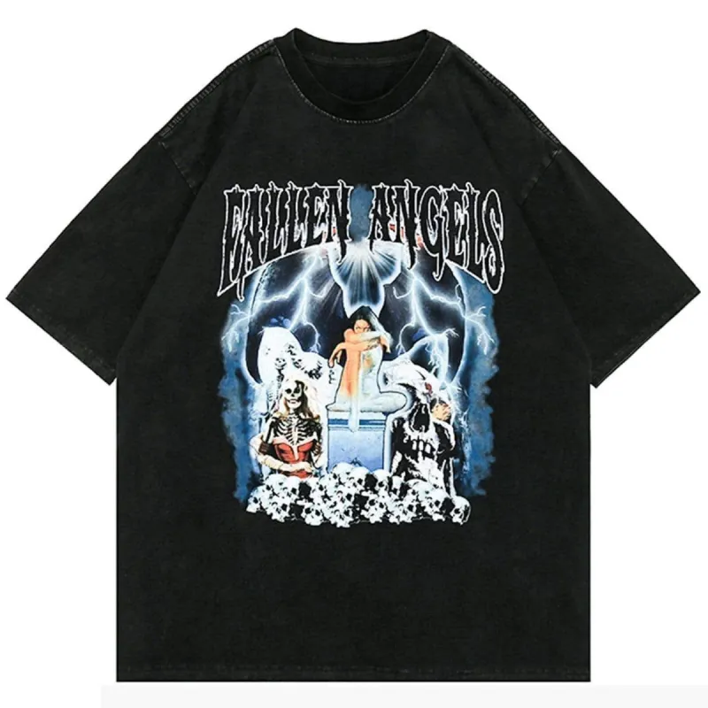 Vintage Lightning Skull Print Washed T-Shirt sold by Yugen Theory