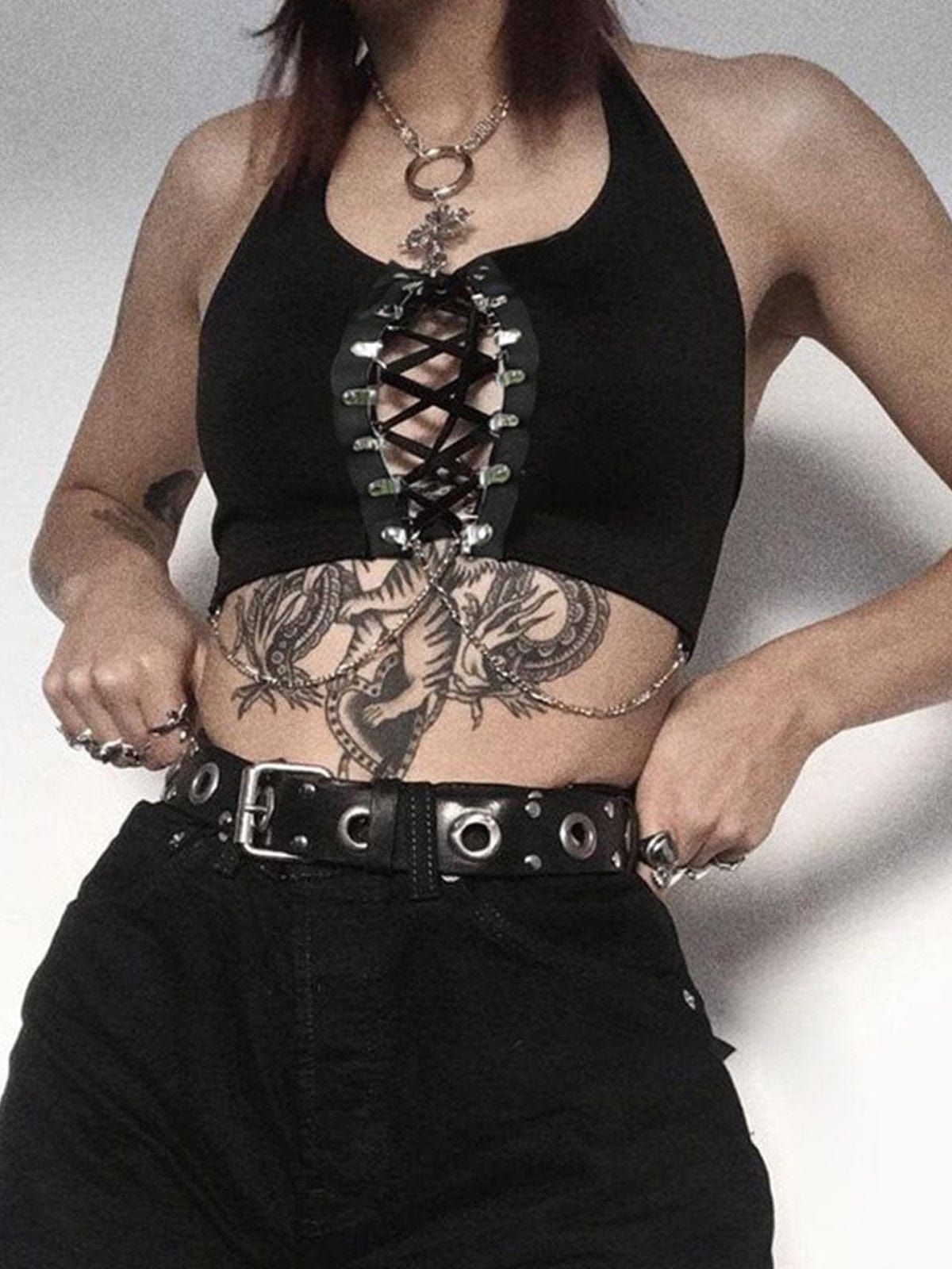 Dark Cross Strap Hollow Chain Halter Sexy Vest sold by Yugen Theory product image thumbnail 4