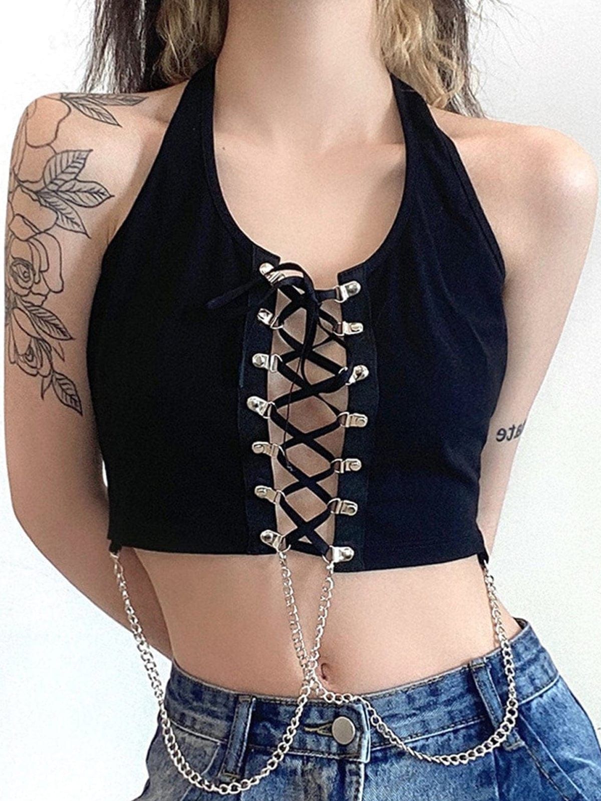 Dark Cross Strap Hollow Chain Halter Sexy Vest sold by Yugen Theory product image thumbnail 2