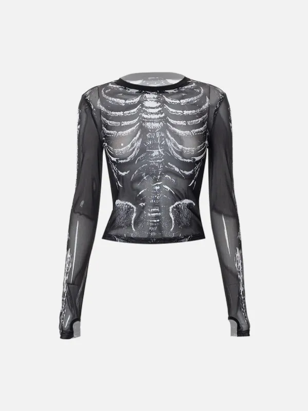 Mesh Skeleton Print Long Sleeve T Shirt sold by Yugen Theory