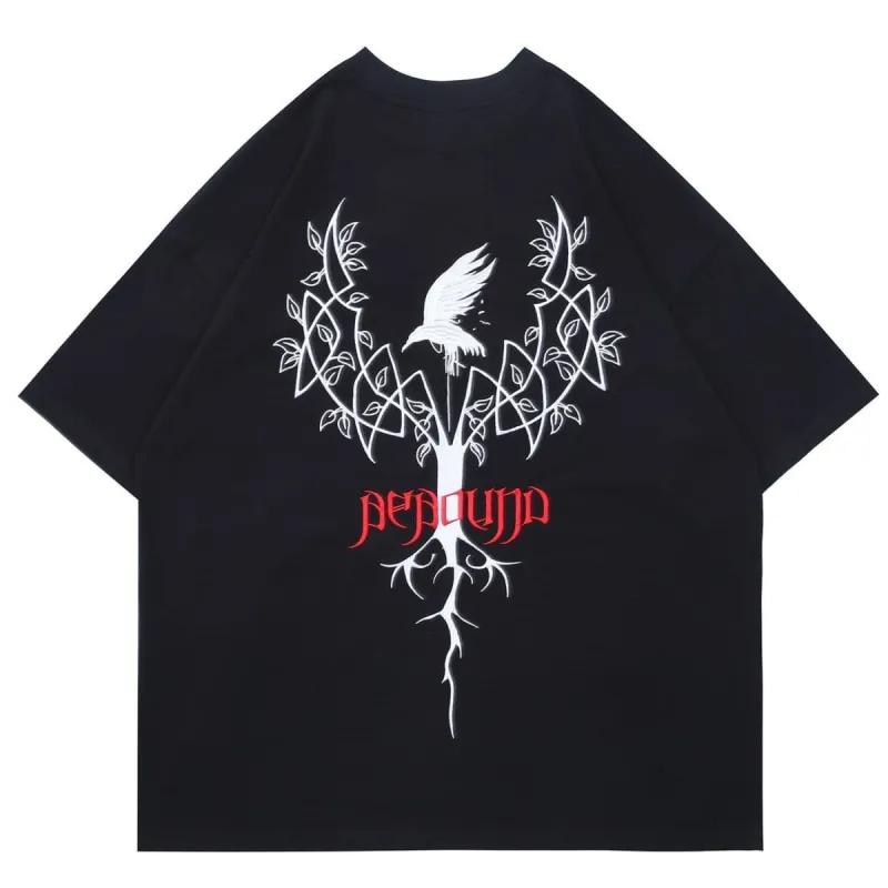 Dark Tree Bird Embroidery Cotton T-Shirt sold by Yugen Theory