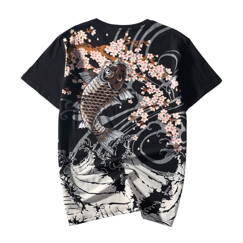 Brown Koi Sakura Embroidery Japanese T-Shirt sold by Yugen Theory