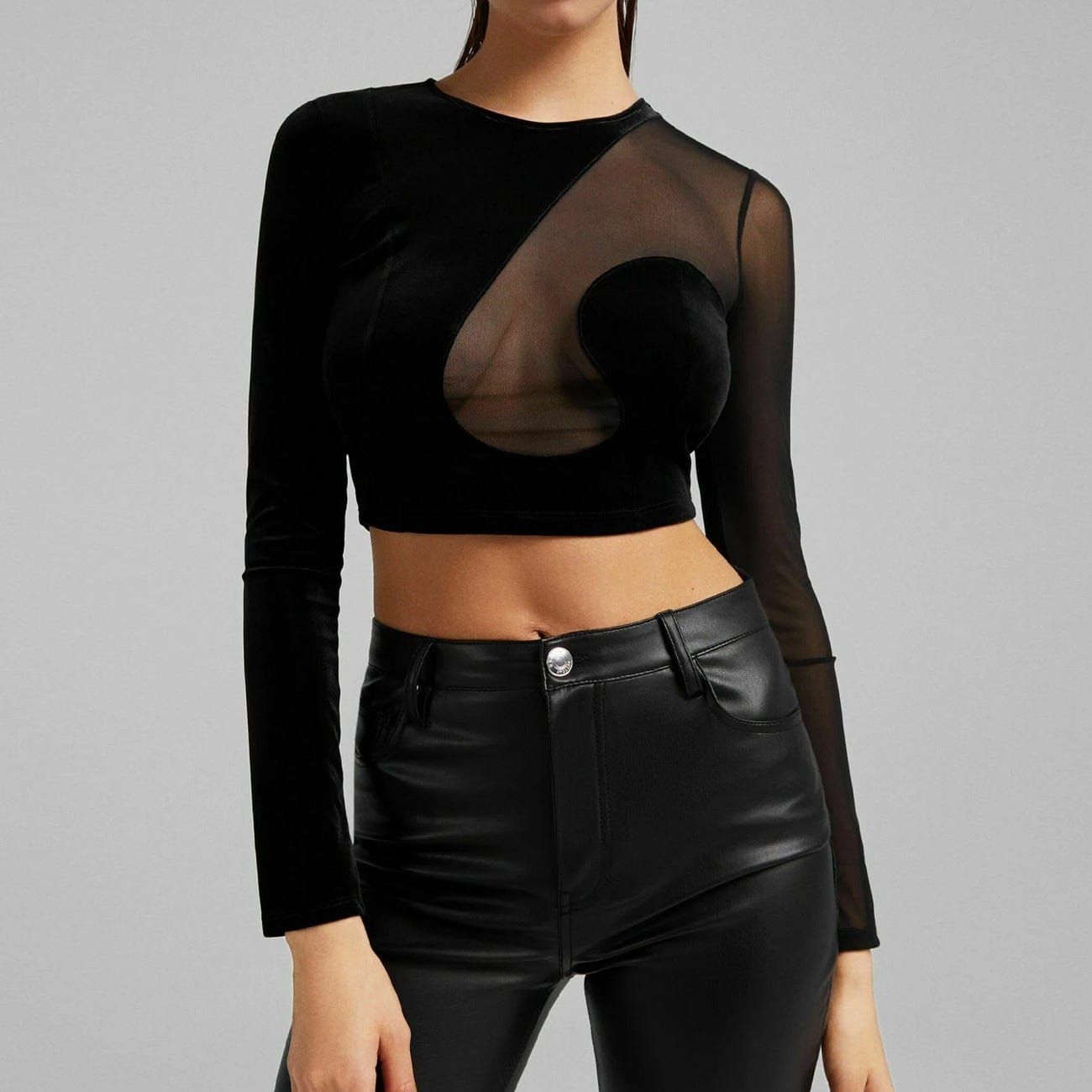 Velvet Mesh Patchwork Hollow Long Sleeve T Shirt sold by Yugen Theory product image thumbnail 2