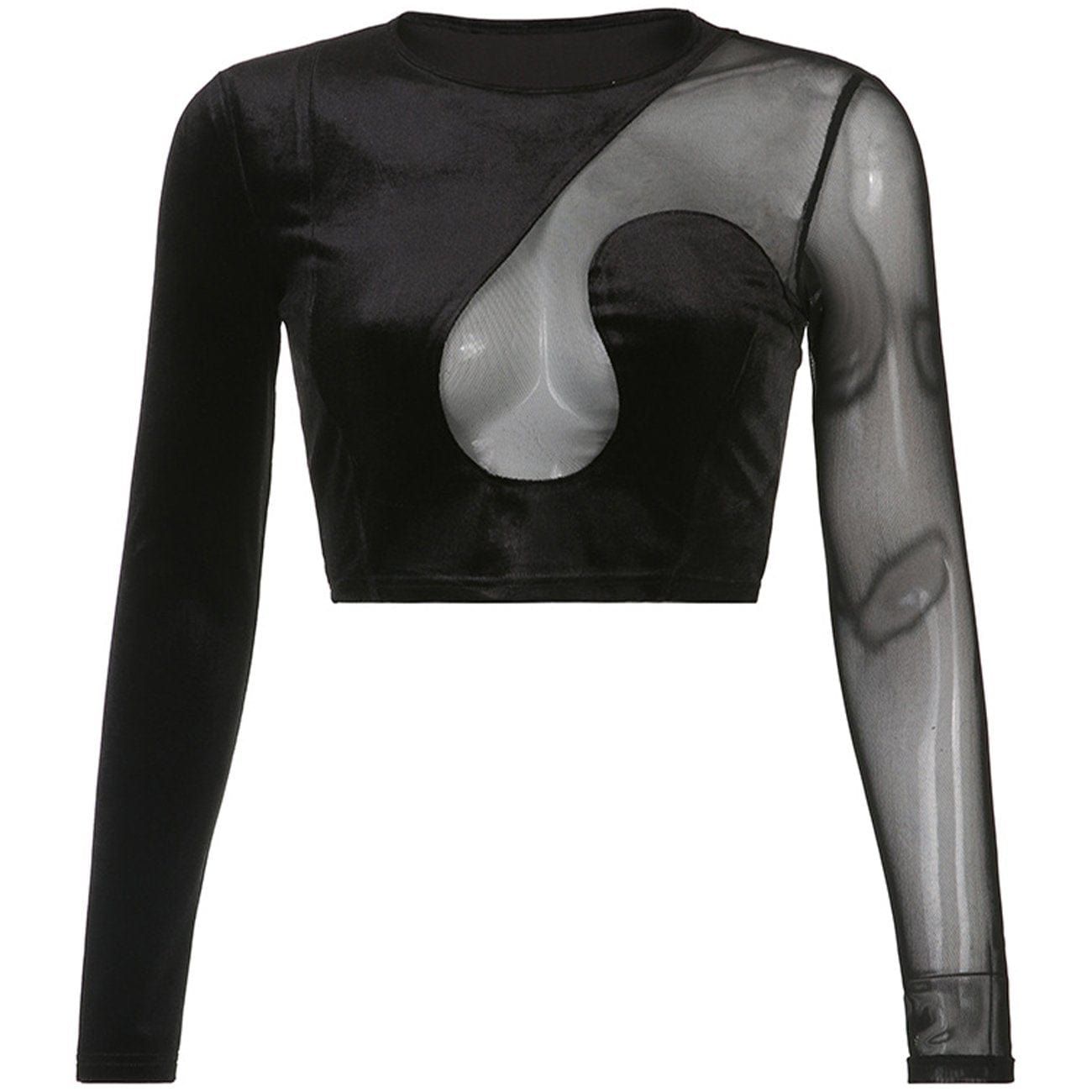 Velvet Mesh Patchwork Hollow Long Sleeve T Shirt sold by Yugen Theory