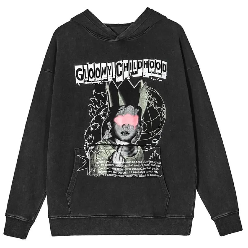 Washed Distressed Hoodie Gloomy Childhood sold by Yugen Theory