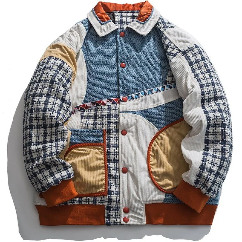 Unisex Corduroy Winter Coat Plaid Patchwork sold by Yugen Theory