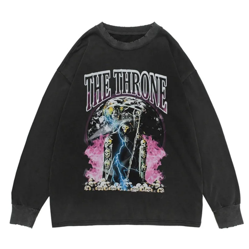 Dark Skull Lightning Print Ripped Hole Sweatshirt sold by Yugen Theory