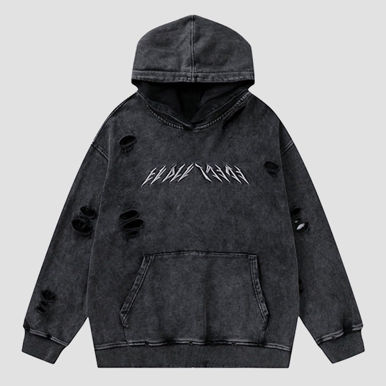 Ripped Hole Letters Embroidery Washed Hoodie sold by Yugen Theory