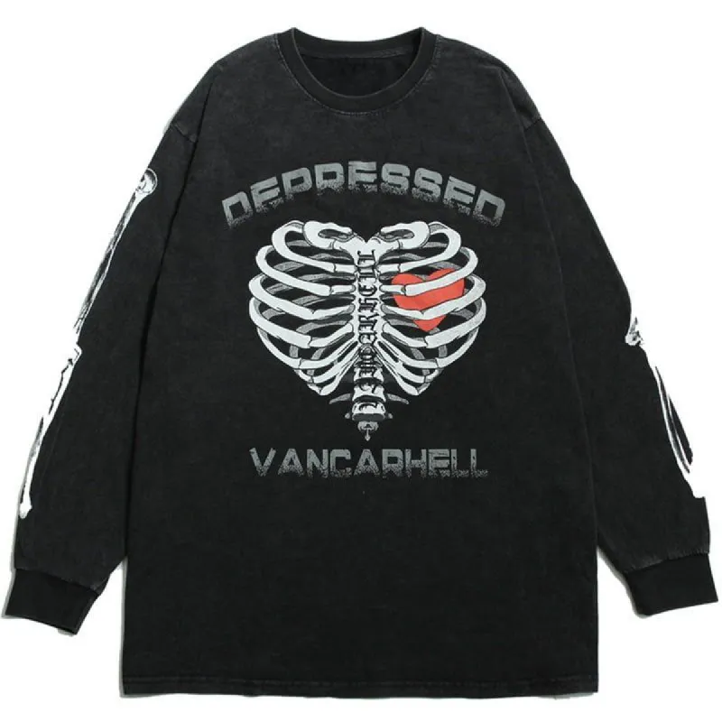 Distressed Sweat Shirt Long Sleeve Skeleton Heart sold by Yugen Theory