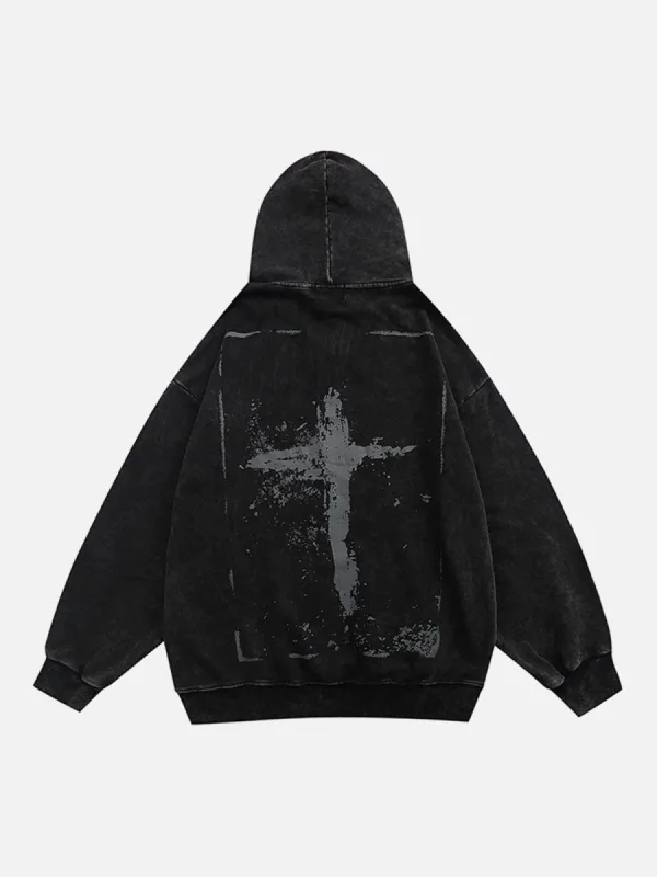 Washed Graffiti Cross Pattern Hoodie sold by Yugen Theory