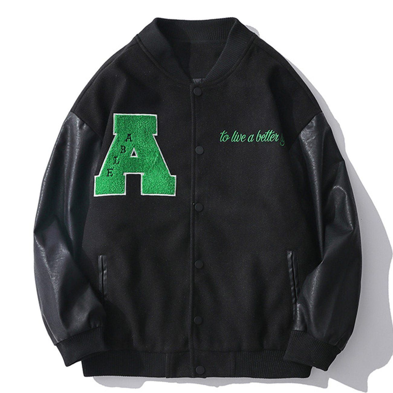 Vintage Color Block Towel Embroidery PU Varsity Jacket sold by Yugen Theory