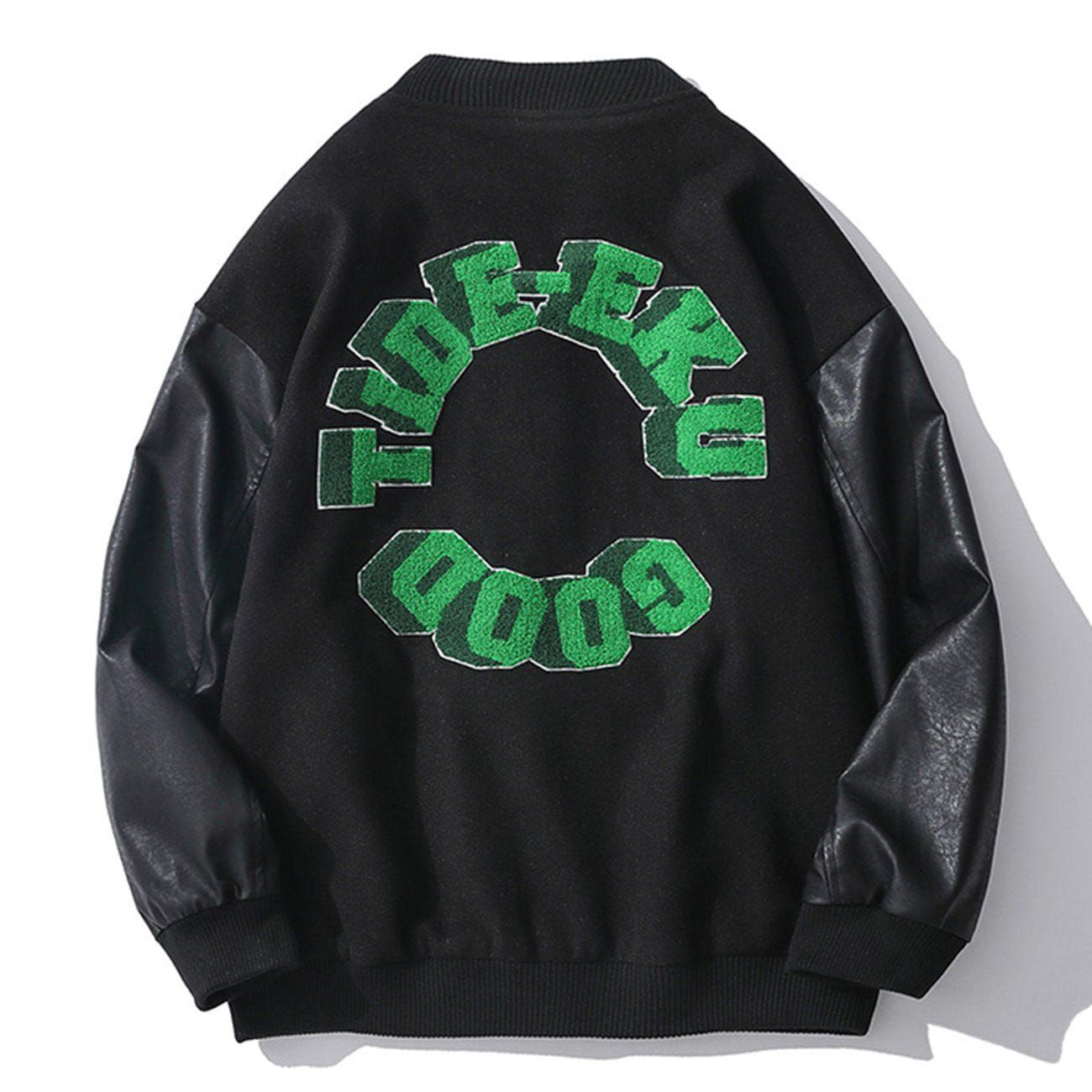 Vintage Color Block Towel Embroidery PU Varsity Jacket sold by Yugen Theory product image thumbnail 2