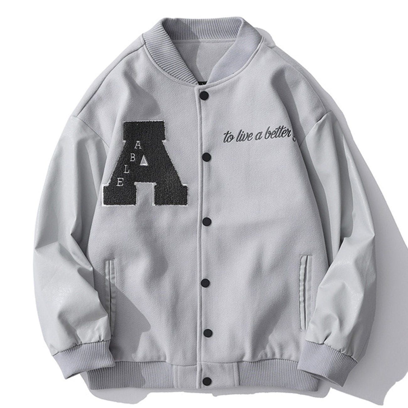 Vintage Color Block Towel Embroidery PU Varsity Jacket sold by Yugen Theory product image thumbnail 3