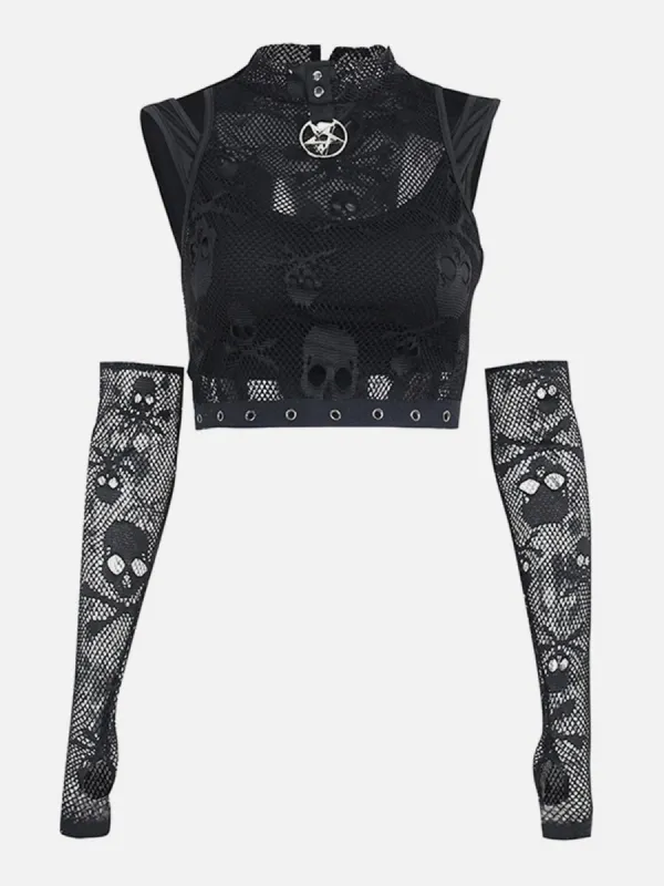 Skull Mesh Lace Cuff Shirt sold by Yugen Theory