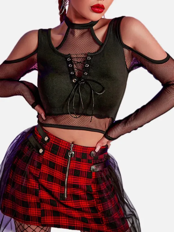 Mesh Bare Shoulder Lace Long Sleeve T Shirt sold by Yugen Theory