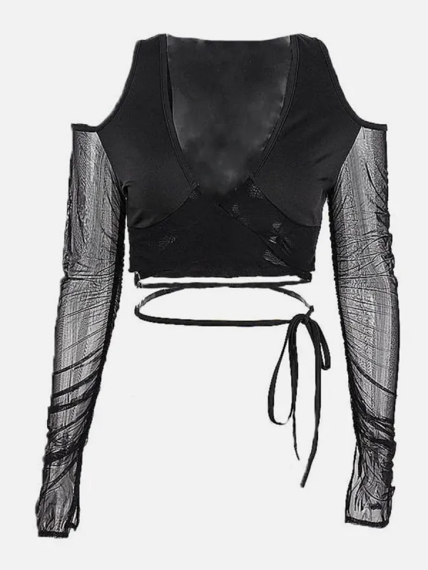 Hollow Mesh Cross Tie Long Sleeve T Shirt sold by Yugen Theory