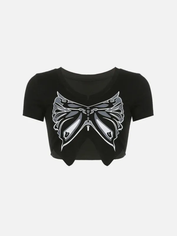 Butterfly Print Cropped Short Sleeve T Shirt sold by Yugen Theory