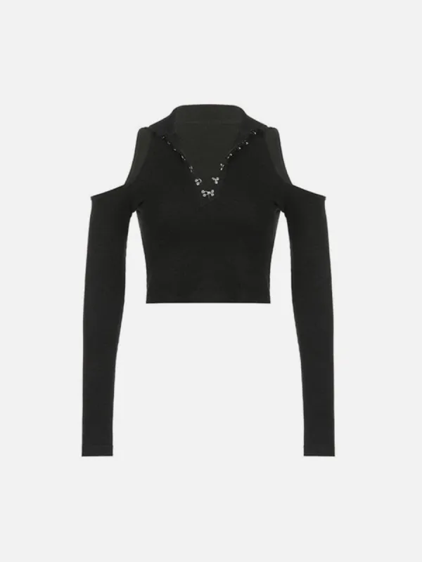 Sexy Off The Shoulder Metal Button Long Sleeve T Shirt sold by Yugen Theory