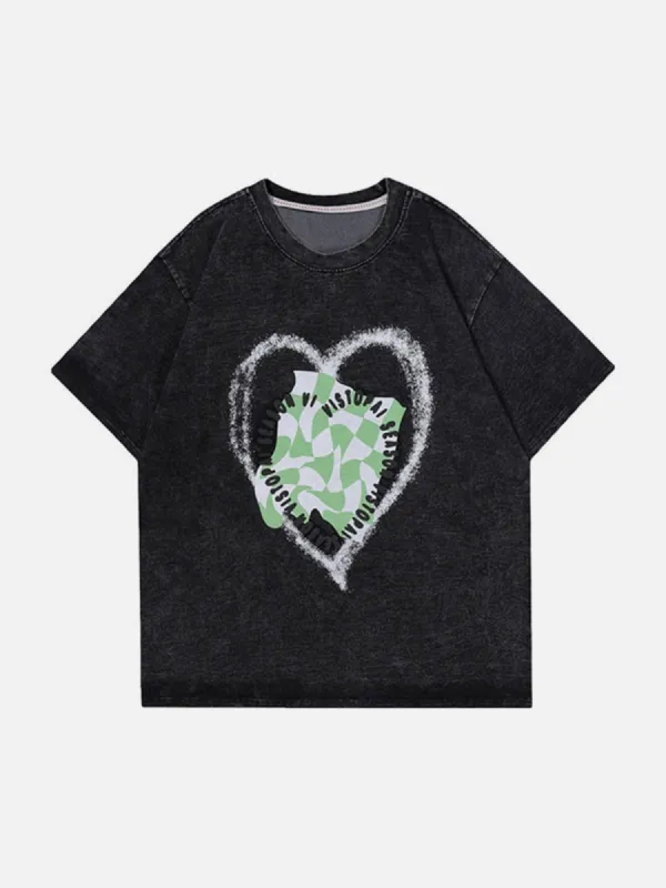 Heart Checkerboard Washed Graphic T-Shirt sold by Yugen Theory