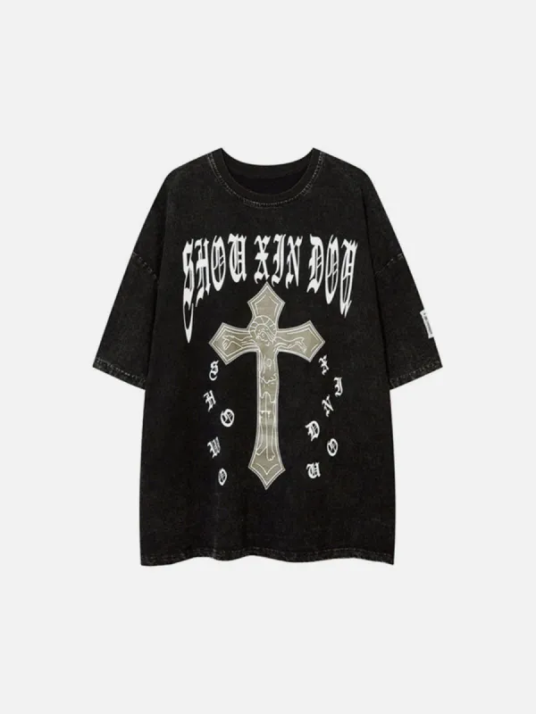 Cross Print Washed Graphic T-Shirt sold by Yugen Theory