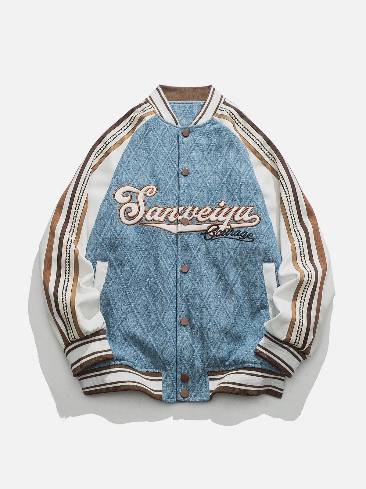 Colorblock Embroidered Letters Varsity Jacket sold by Yugen Theory