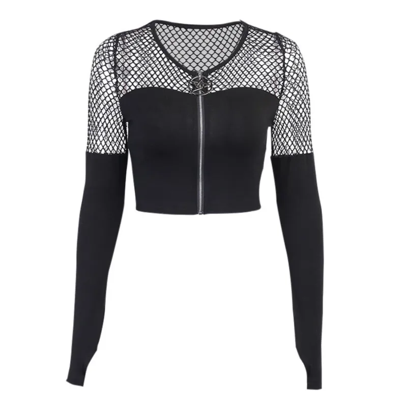 Gothic Sexy Stitching Zipper Cardigan Long Sleeve T-shirt sold by Yugen Theory