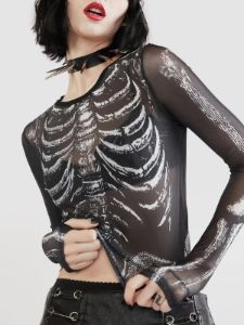 Mesh Skeleton Print Long Sleeve T Shirt sold by Yugen Theory