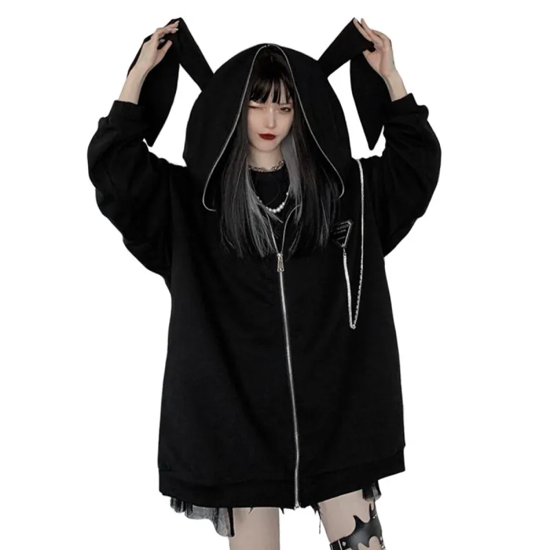 Dark Fold-eared Rabbit Chain Zip Up Hoodie sold by Yugen Theory