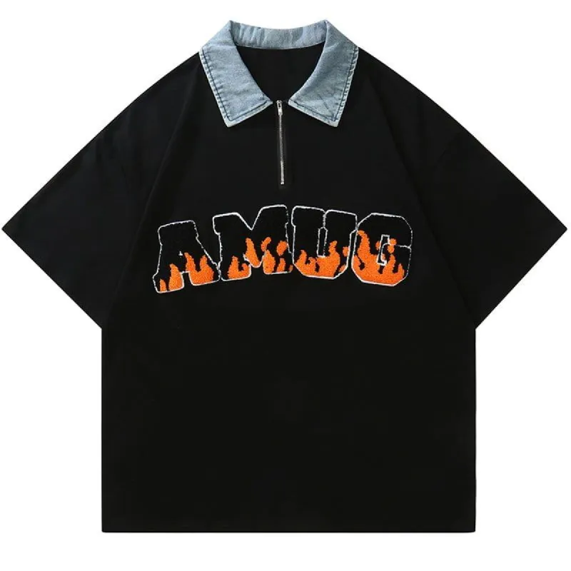 Quarter Zip Polo T-shirt Flame Letter sold by Yugen Theory