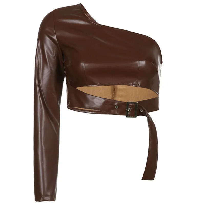 One Shoulder Hollow Button PU Long Sleeve T Shirt sold by Yugen Theory