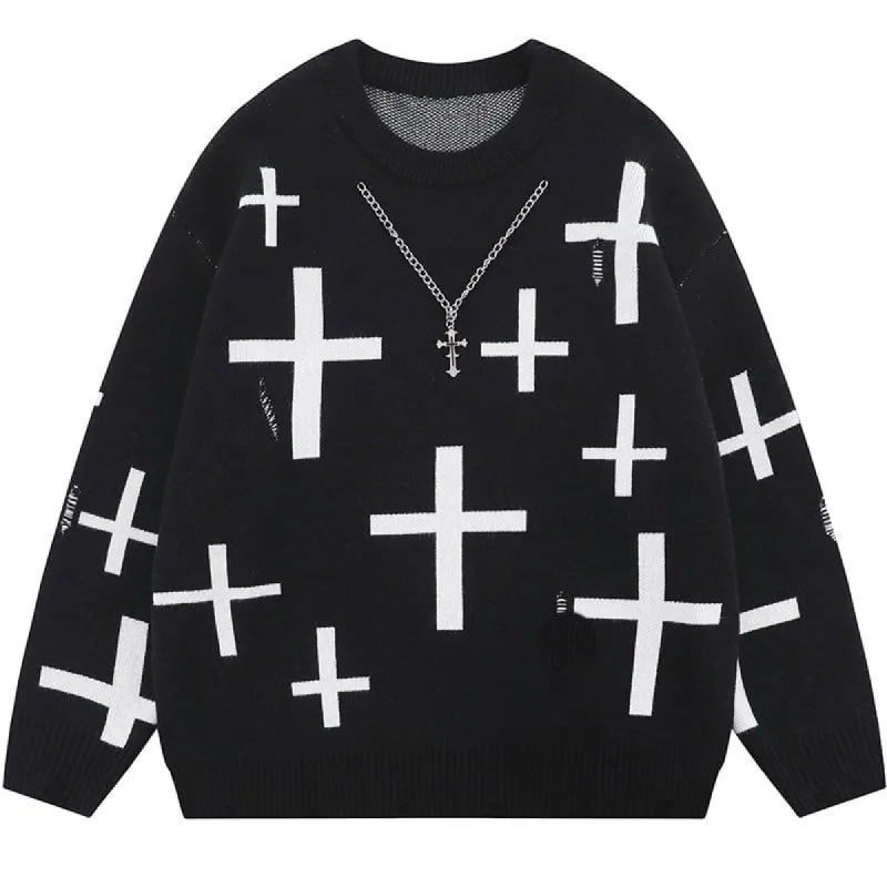 Ripped Jacquard Sweater Cross sold by Yugen Theory