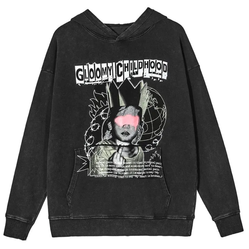 Washed Distressed Hoodie Gloomy Childhood sold by Yugen Theory