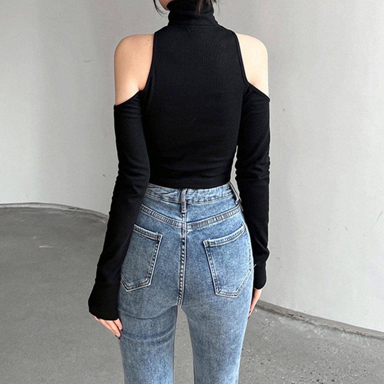 Sexy Off The Shoulder Metal Button Long Sleeve T Shirt sold by Yugen Theory product image thumbnail 3