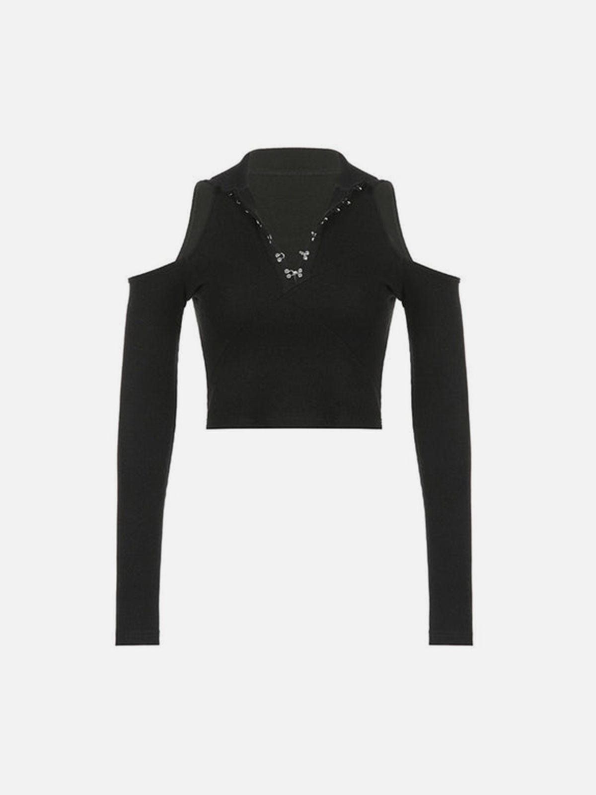 Sexy Off The Shoulder Metal Button Long Sleeve T Shirt sold by Yugen Theory