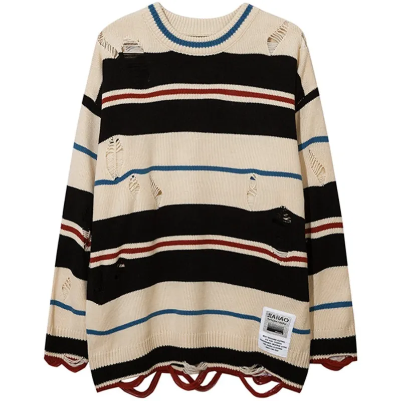 Ripped Hole Stripe Knit Sweater sold by Yugen Theory