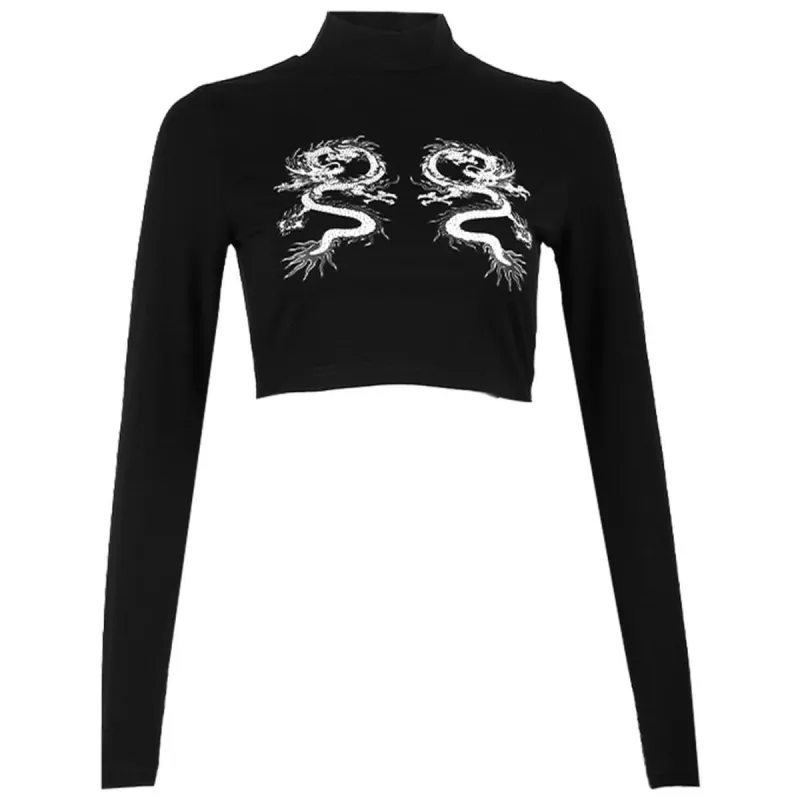 Dark Double Dragon Print Cropped Long Sleeve T Shirt sold by Yugen Theory