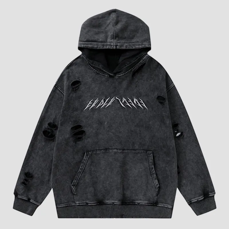 Ripped Hole Letters Embroidery Washed Hoodie sold by Yugen Theory