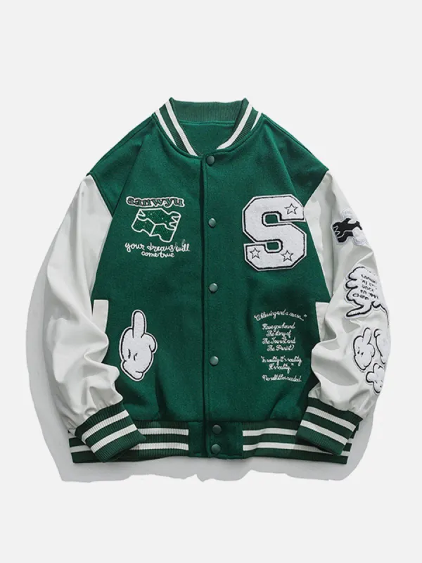 Flocked Embroidered Leather Sleeves Varsity Jacket sold by Yugen Theory