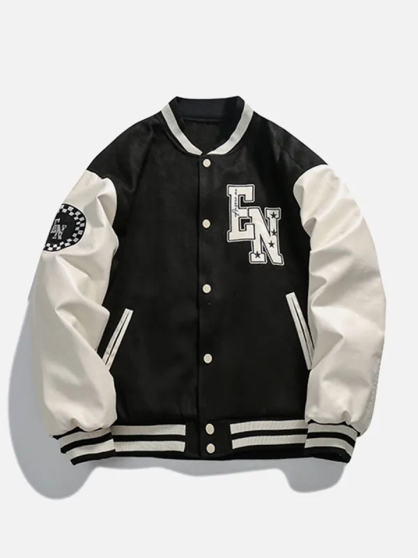 PU Splicing Plaid Embroidery Varsity Jacket sold by Yugen Theory
