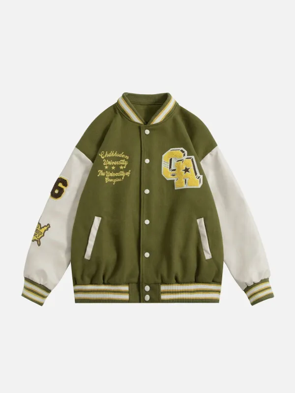Color Block Flocked Letter Varsity Jacket sold by Yugen Theory