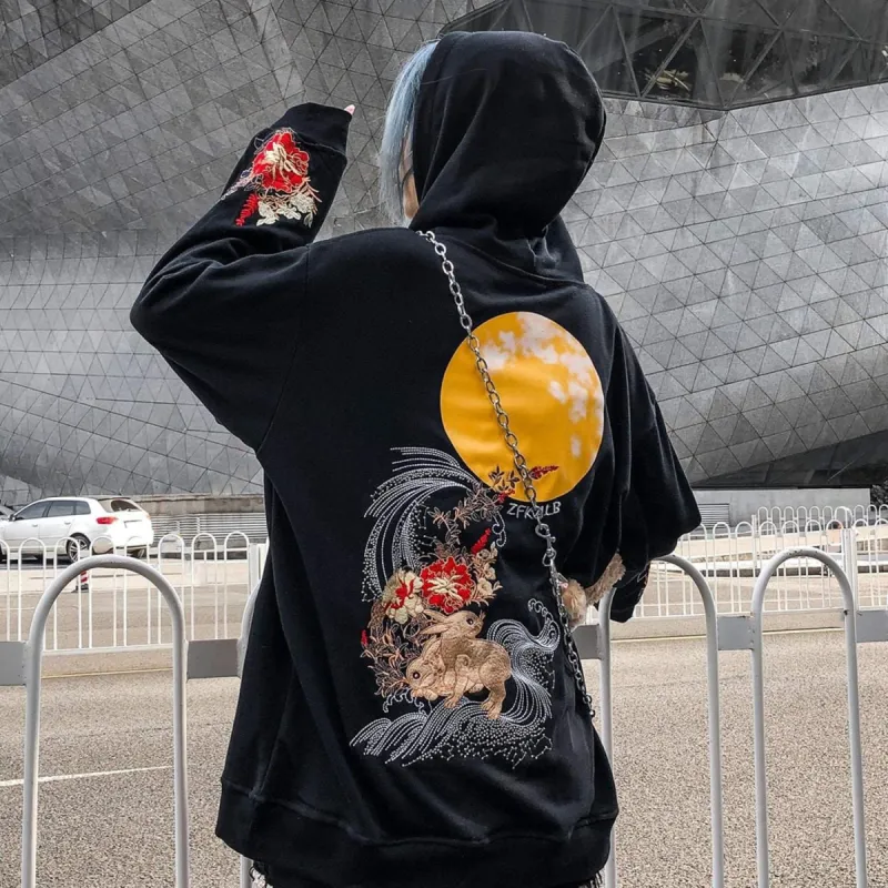 Harajuku Moon Embroidered Hoodie sold by Yugen Theory