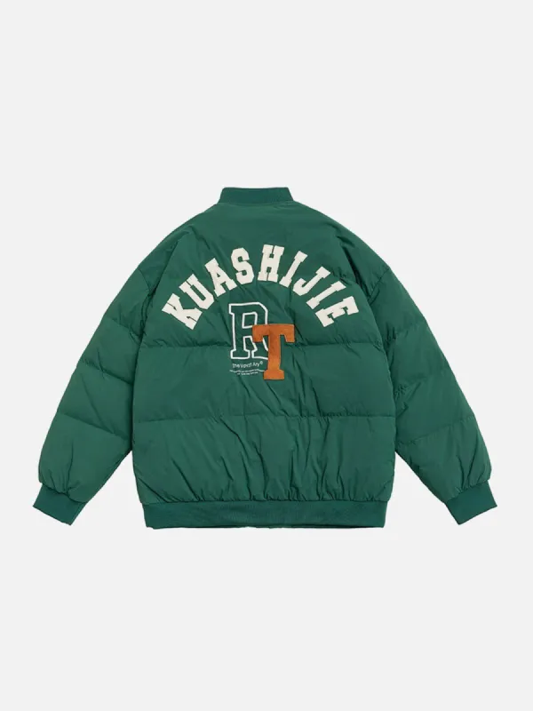 Embroidered Letters Varsity Down Coat sold by Yugen Theory