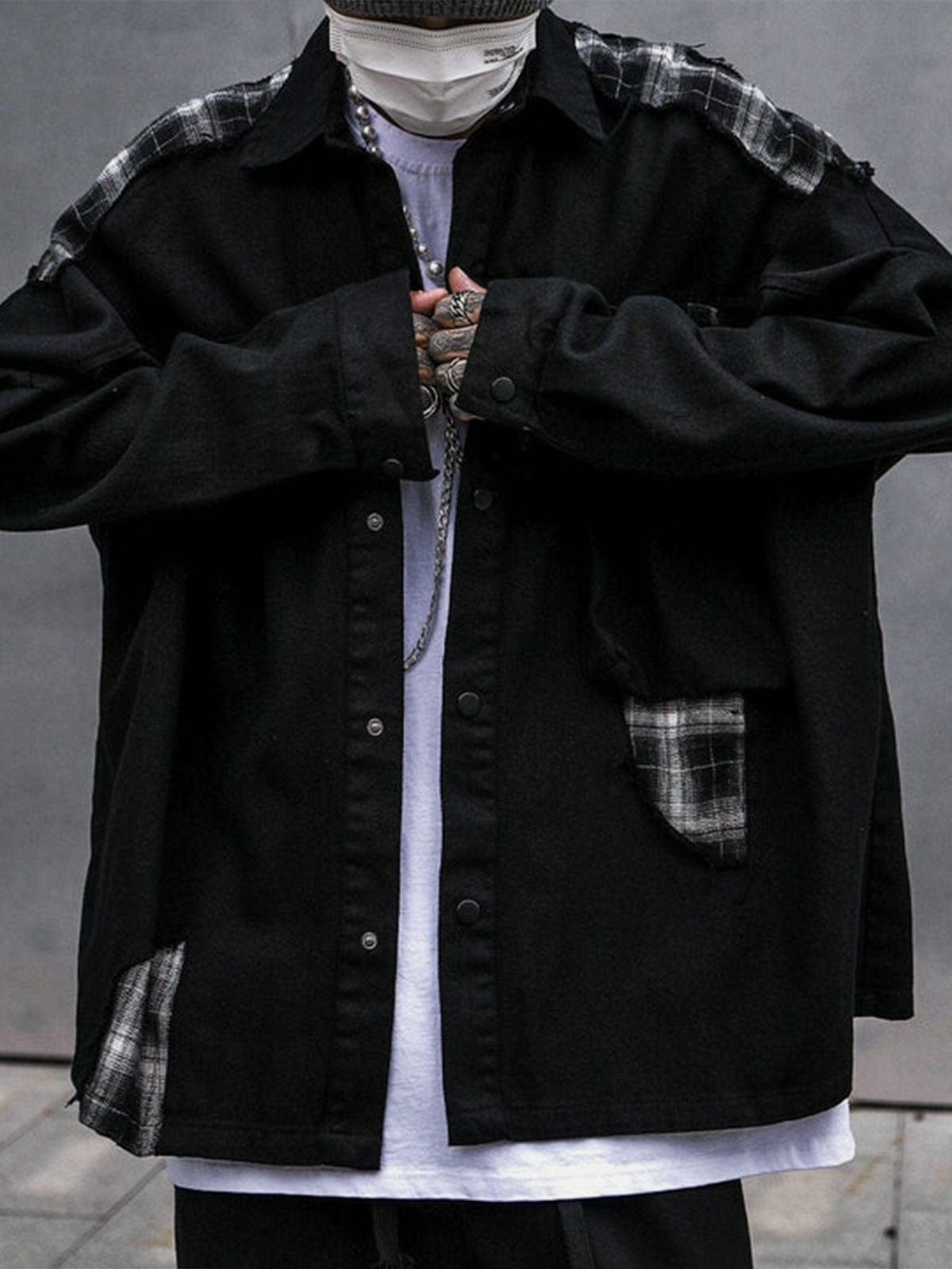 Plaid Patchwork Long Sleeve Shirt sold by Yugen Theory product image thumbnail 2