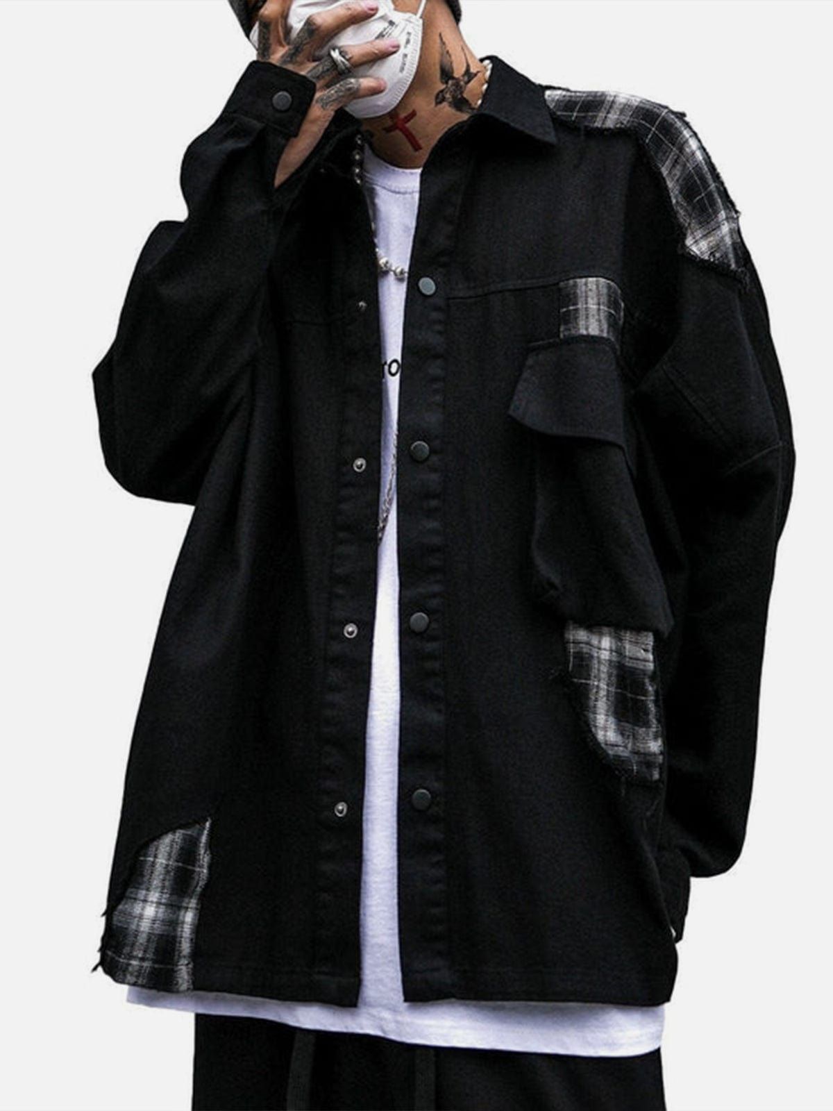 Plaid Patchwork Long Sleeve Shirt sold by Yugen Theory